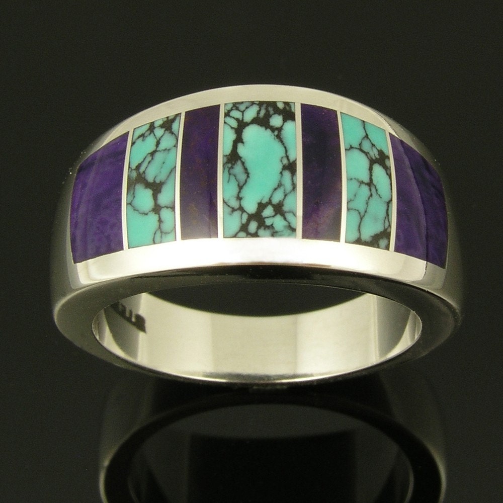 Spiderweb turquoise and sugilite ring in sterling silver
