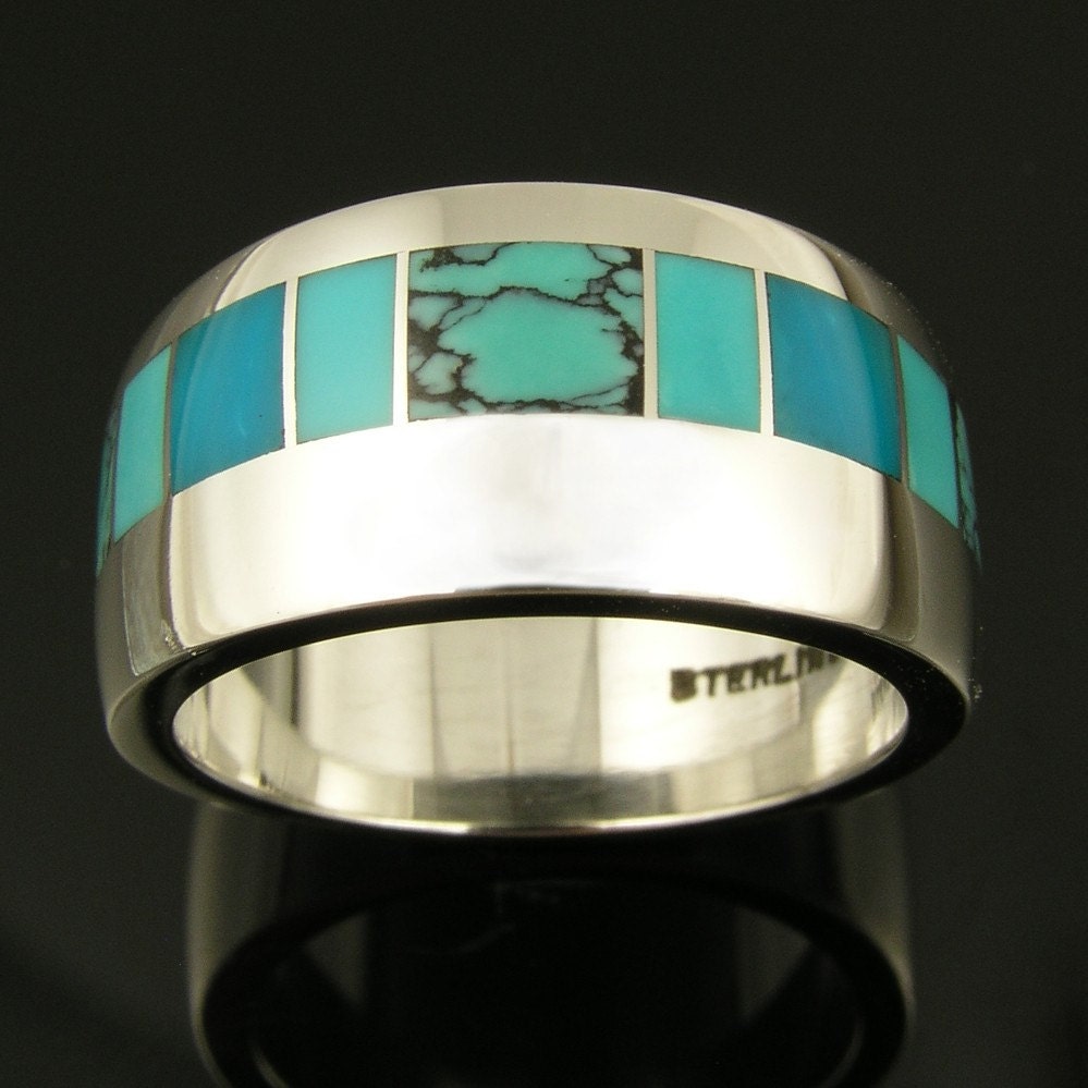 Sterling silver ring inlaid with turquoise and gem silica by Mark Hileman.