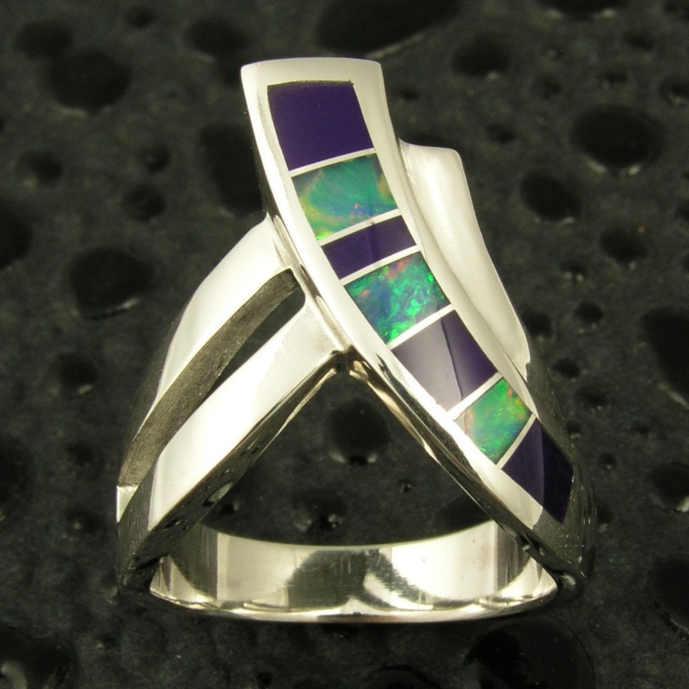 Ladies sterling silver ring inlaid with Australian opal and gem sugilite.