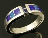 Blue sapphire sterling silver ring inlaid with lapis and opal.