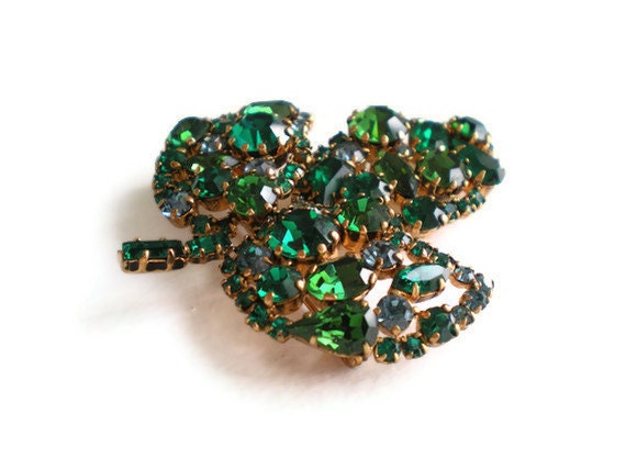 Vintage Brooch Green Blue Rhinestones Austria
