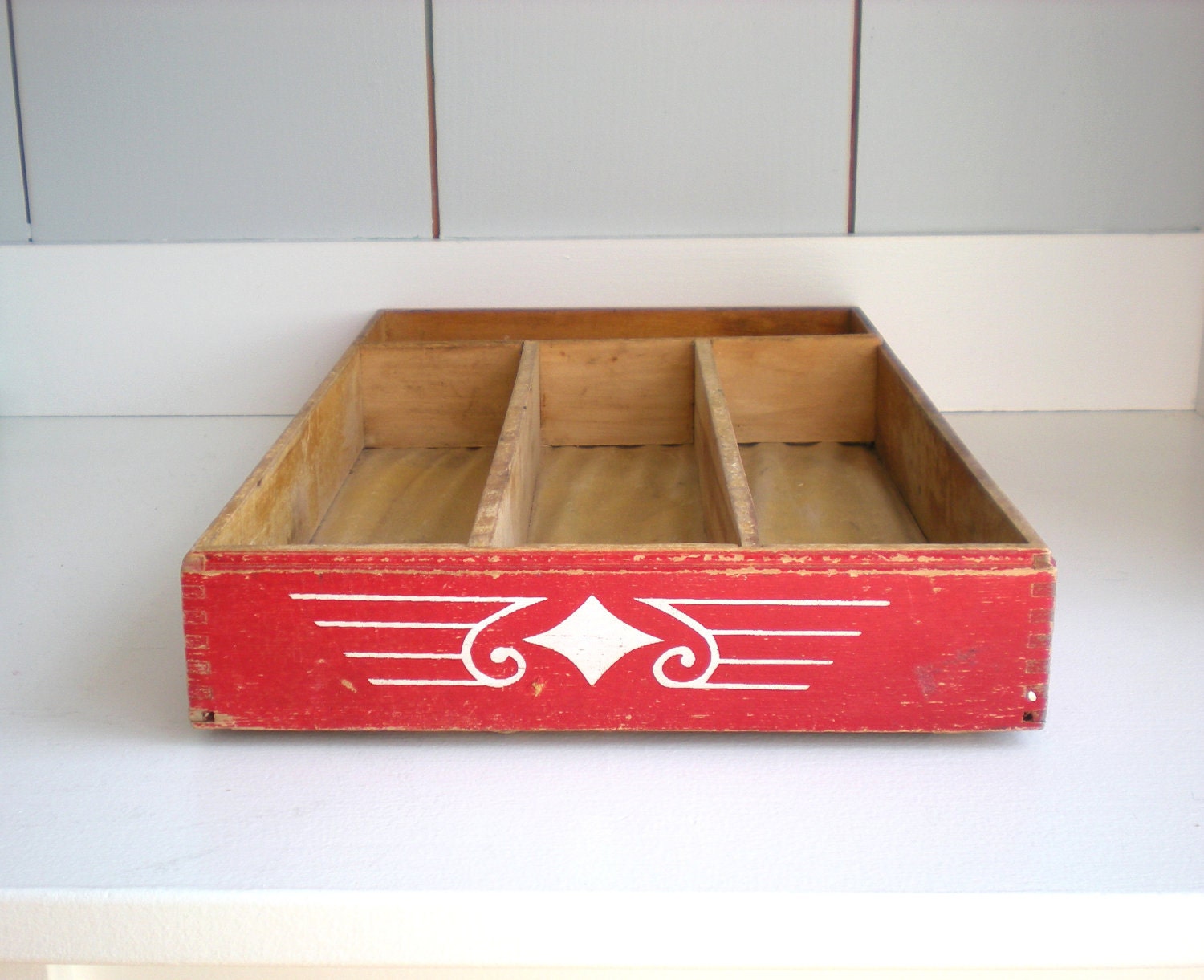 Vintage Red Wooden Cutlery Divided Box