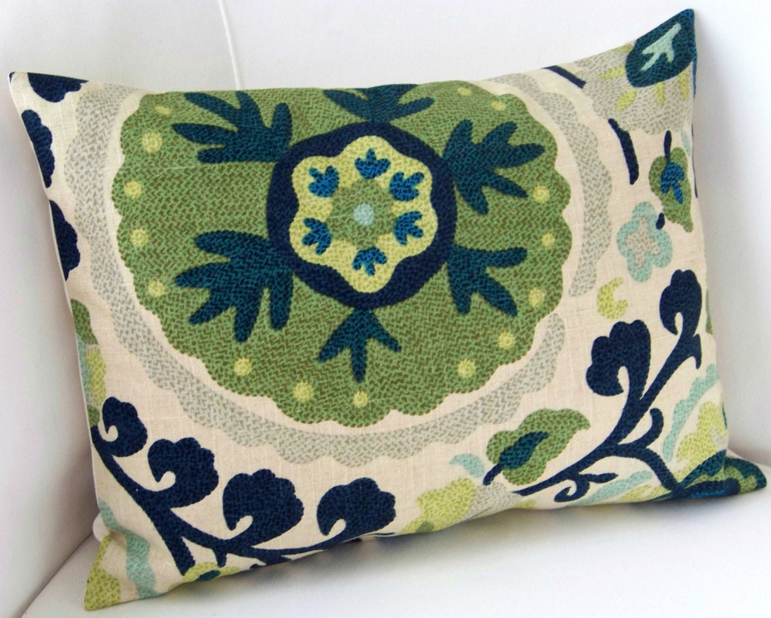 Suzani Pillow Cover 12x16 Inch Blue Green Decorative Pillow Accent Cushion Throw Pillow