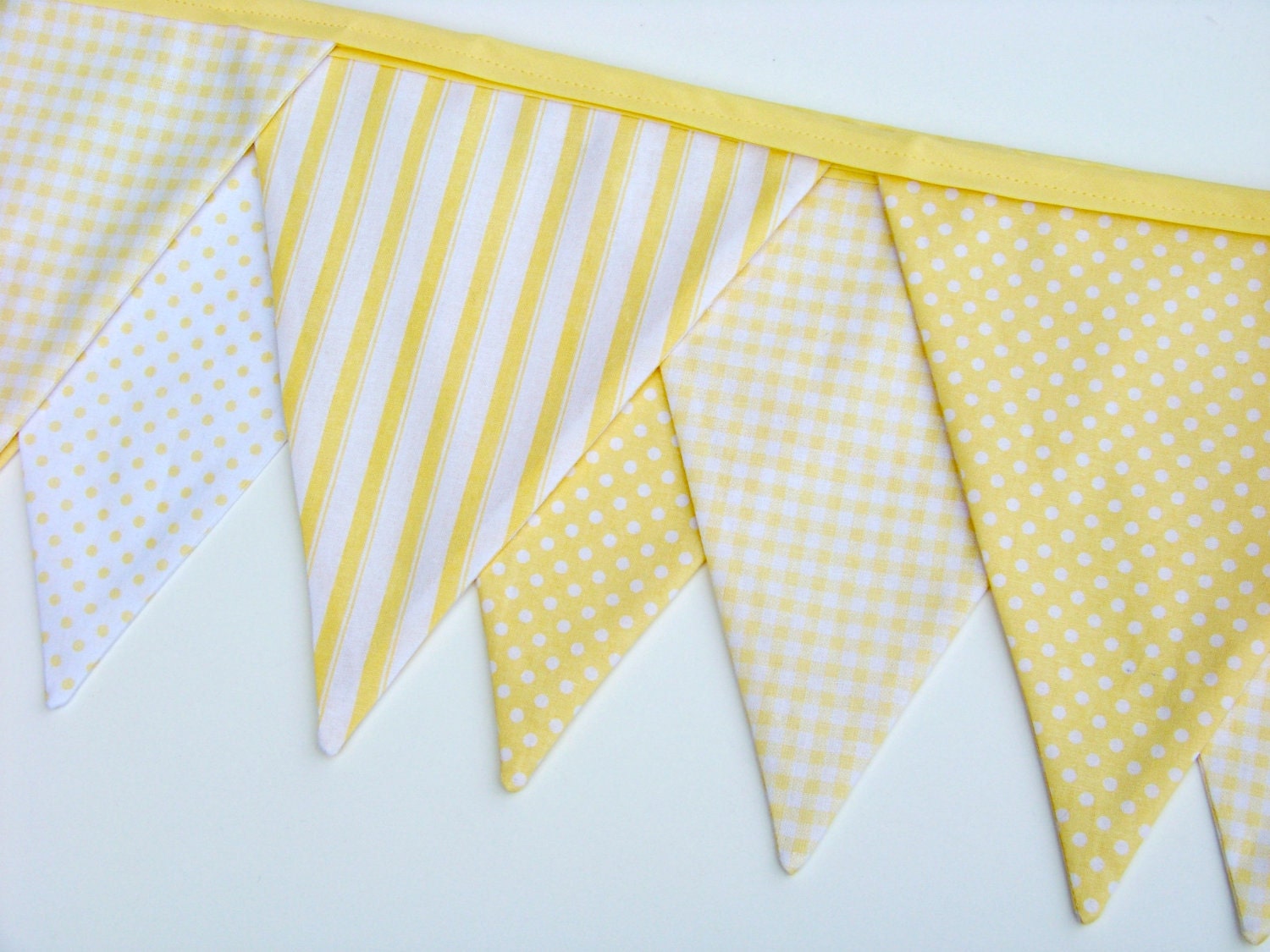 Yellow Fabric Birthday Banner Baby Bunting Flags Ticking Gingham Polka Dots