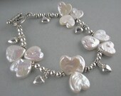 Jewelry, White Pearl Heart Bracelet, Sterling Beaded Chain, Wedding, Bridesmaids, Toggle Closure, Handmade Jewelry