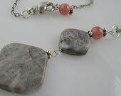 Gray Jasper Pink Rhodocrosite Pendant Necklace Handmade Jewelry Oxidized Sterling Stone Long Adjustable