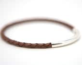 One Single Braided Leather and Sterling Silver Bangle