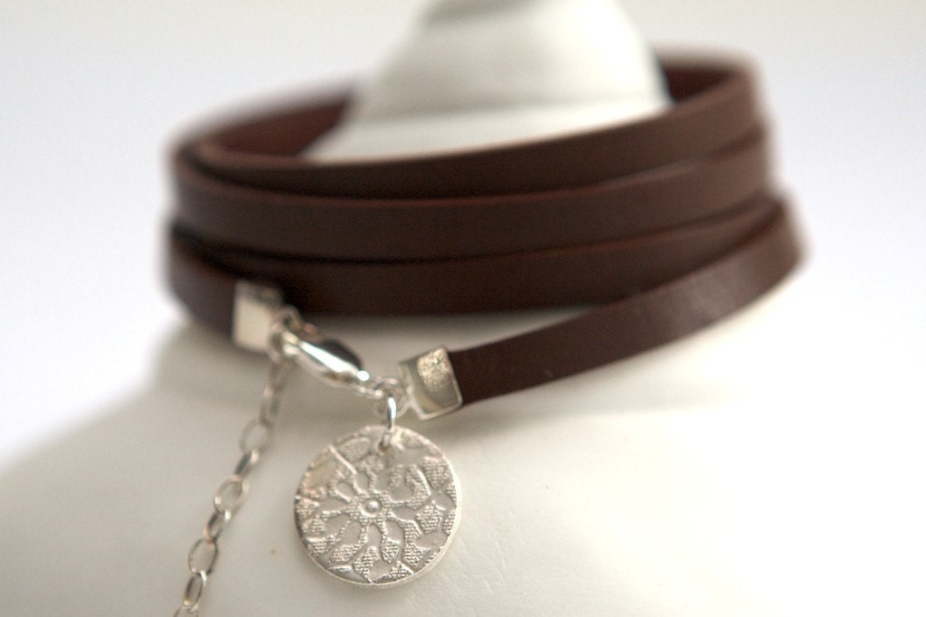 Five Time Red Brown Leather Wrap with Circular Floral Charm