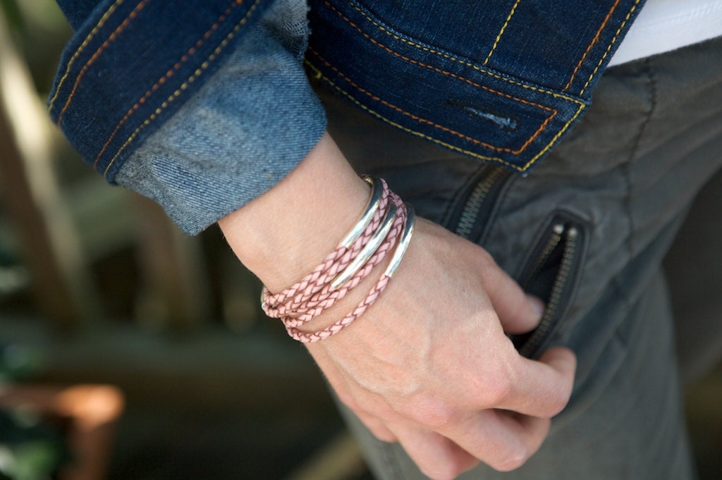 One Single Braided Leather and Sterling Silver Bangles
