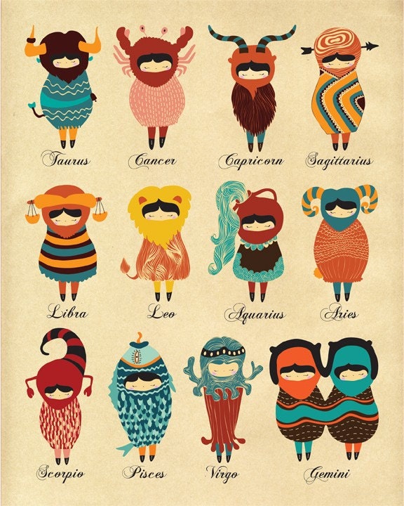 Astrological Signs Illustration, Astrology Print Art, Zodiacs Illustration Poster "12 Signs of the Zodiac" Astrology Birth Signs Drawings