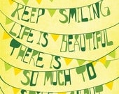 Inspiration Print Typographic Art "Keep Smiling" 11x14 Yellow & Green Modern Art Typography Poster with Inspirational Saying