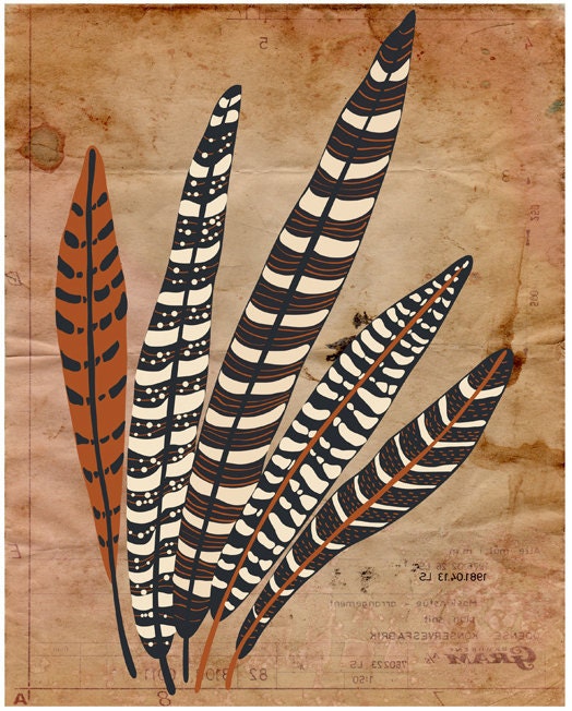 Tribal Print Wall Decor, Original Illustration, Feather Wall Decor Poster "Five Fine Feathers" Native American Tribal Inspired Wall Decor