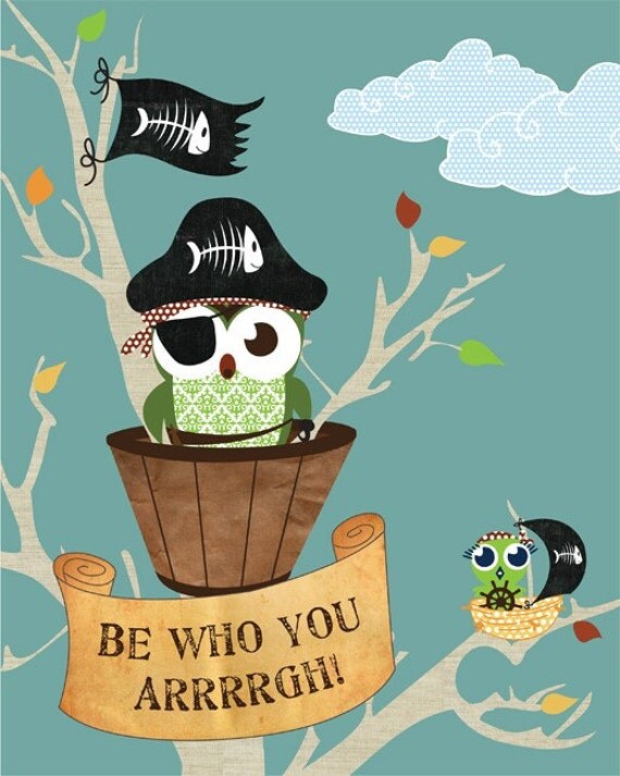 Owl Art Print, Owl Poster, Boys Bedroom Art Wall Decor Giclee Print, Blue Kids Art Decor, Boys Bedroom Art Print & Positive Pirate Quote