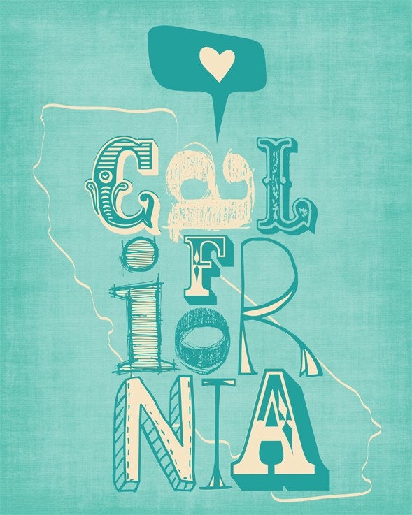 California Print Art Wall Hanging "I Heart California" Blue, Yellow, Red or Green, Digital Illustration California State Map Poster