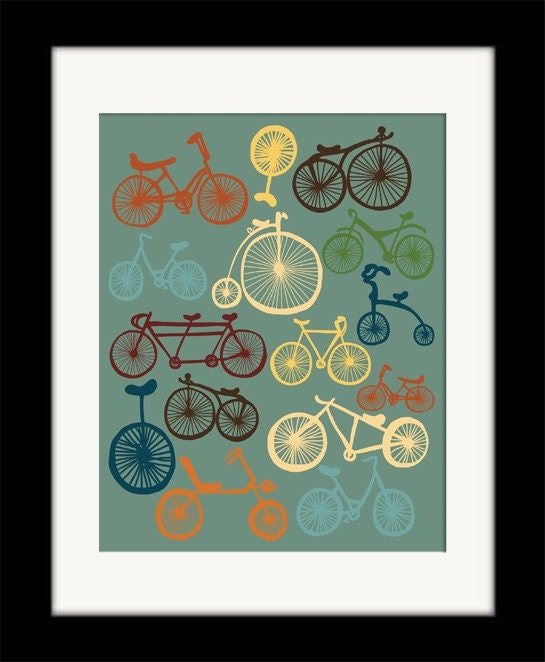 Bicycles Print Art, Digital Print, Blue Wall Decor, Digital Illustration, Contemporary Modern Art Bike Poster, Vintage Antique Bicycles
