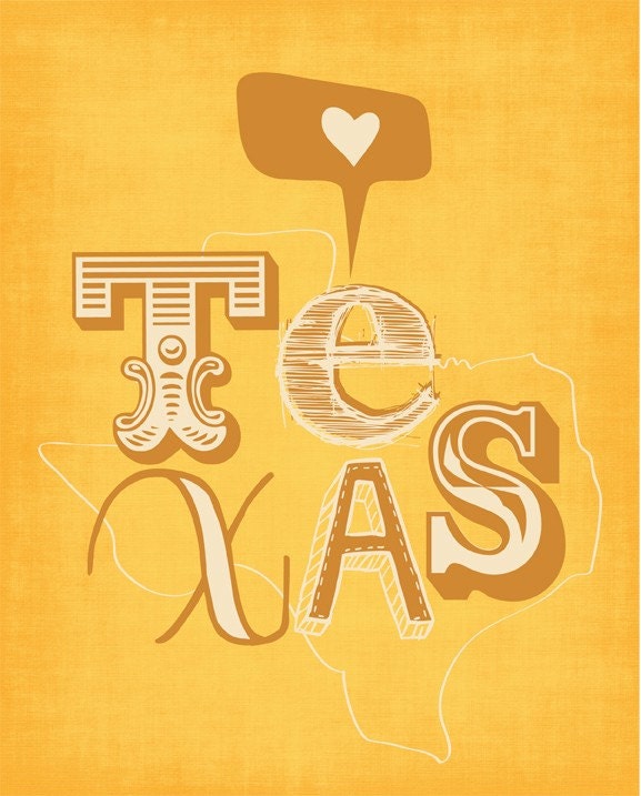 Texas Print Art Wall Hanging "I Heart Texas"  Map Print Wall Decor, State of Texas Wall Hanging in Red, Blue or Yellow