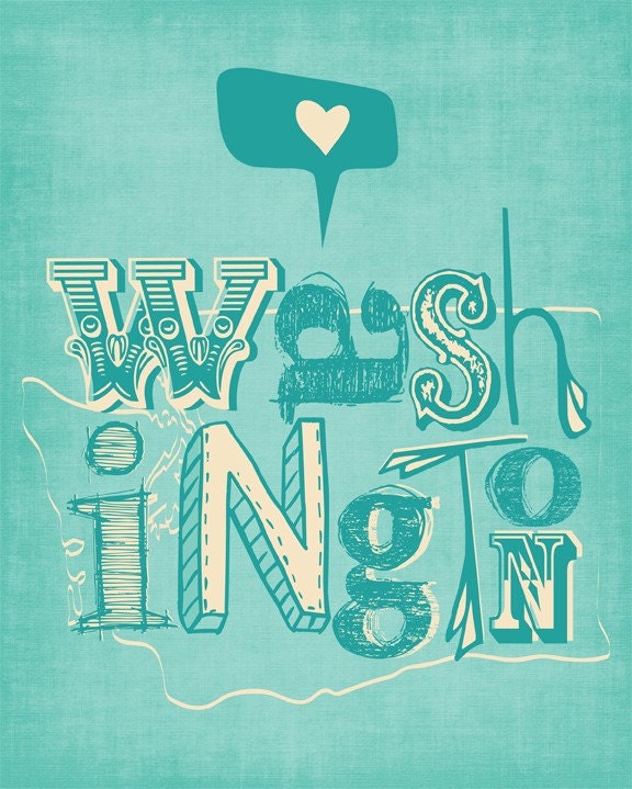 Washington Print State Map "I Heart Washington" 8x10 Washington Poster in Blue, Red, or Yellow