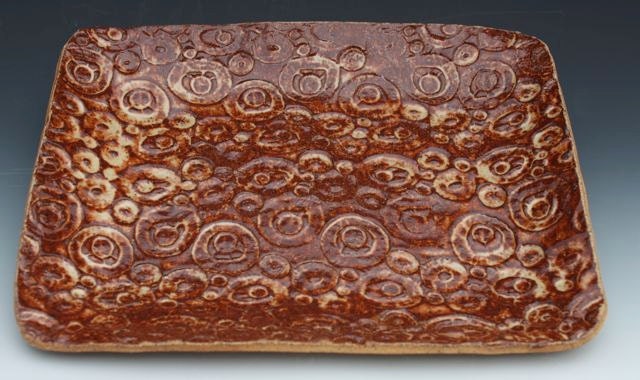 Ceramic Patterned Rectangular Tray Platter Glazed in Honey Brown
