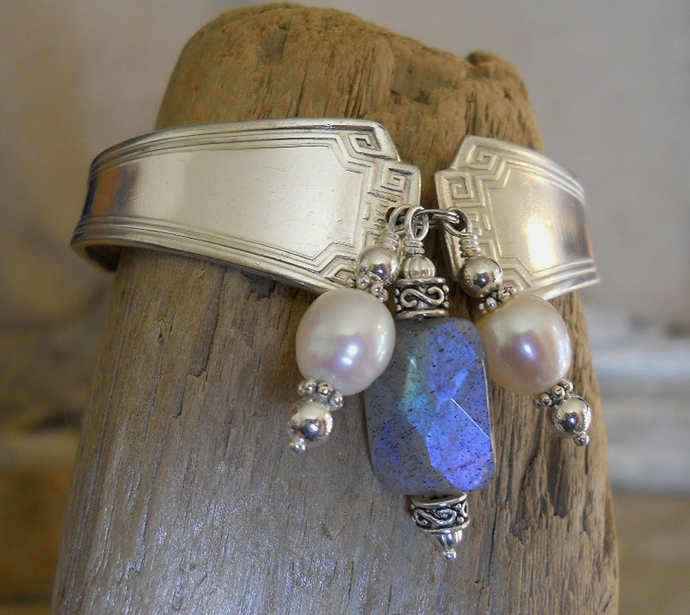 Spoon Bracelet - Grecian 1915 Silver Plated Spoon Bracelet with Labradorite and Pearls