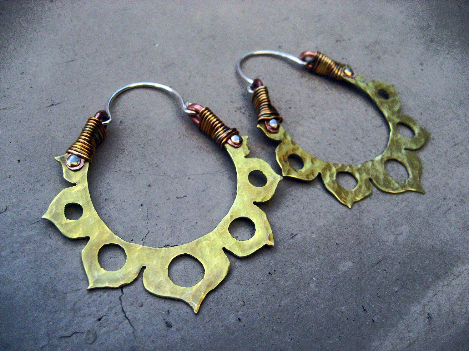 Lotus Flower Hoop Earrings, Yoga inspired, Mixed Metal, Meditation Jewelry, Golden, Gypsy