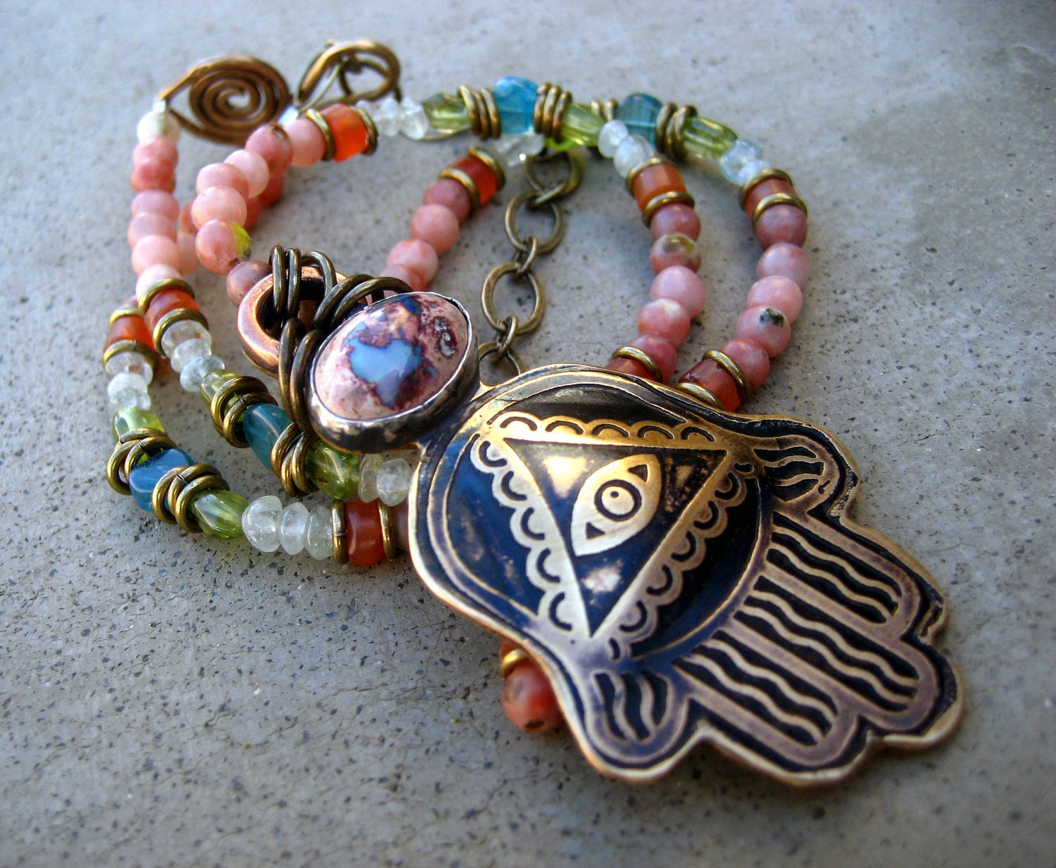 RESERVED - Hamas Hand with Opal, Golden Protective Symbol, Handmade Etched Metalsmith Creation, Beaded Necklace