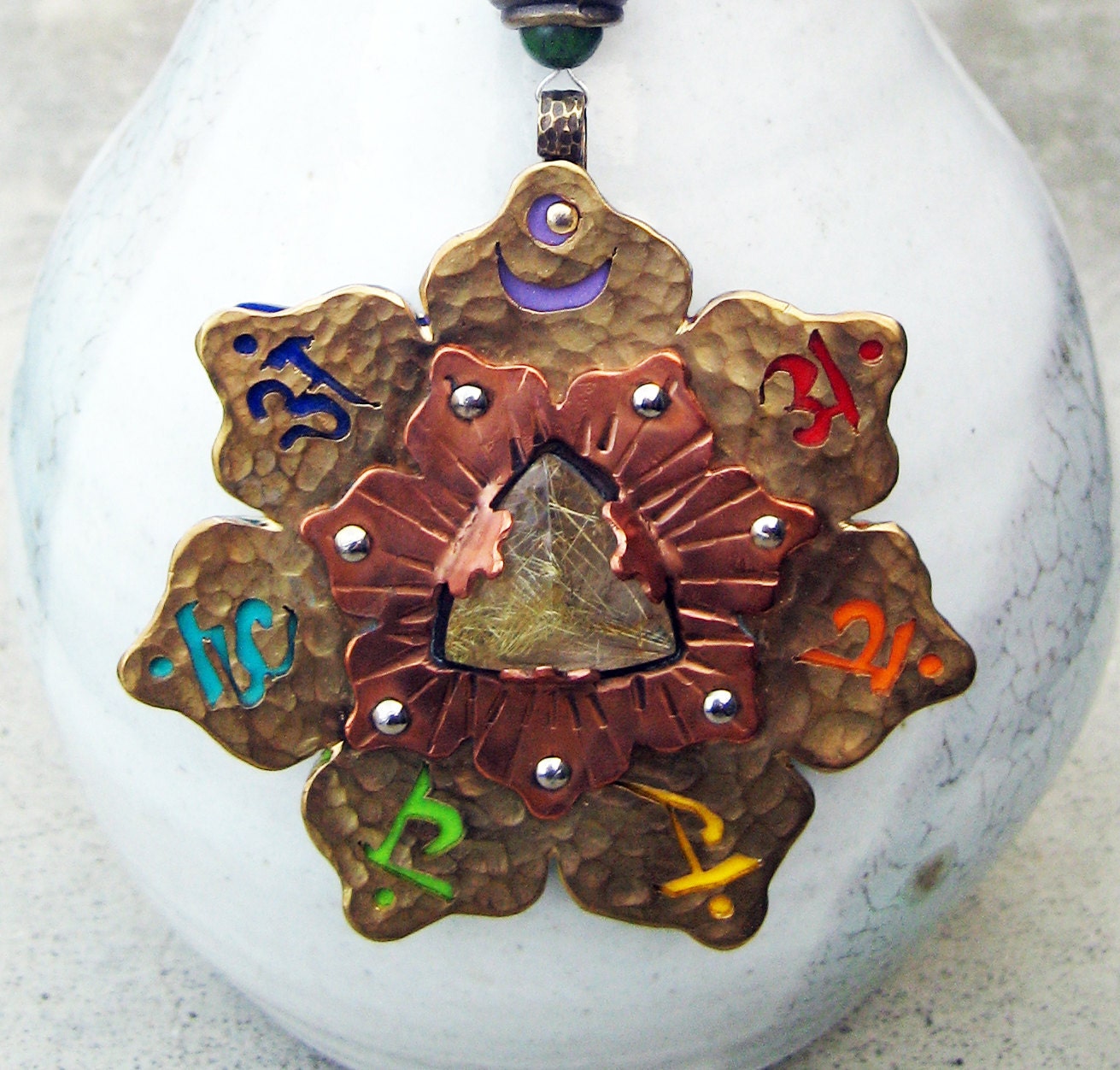 Chakra Necklace, 7 Chakra Pendant, Chakra Symbols, Lotus Flower, Rutilated Quartz, Energy Healing, Mandala, Chakra Jewelry