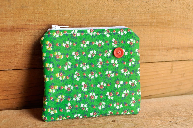 Green Floral Zipper Pouch with Red Vintage Button