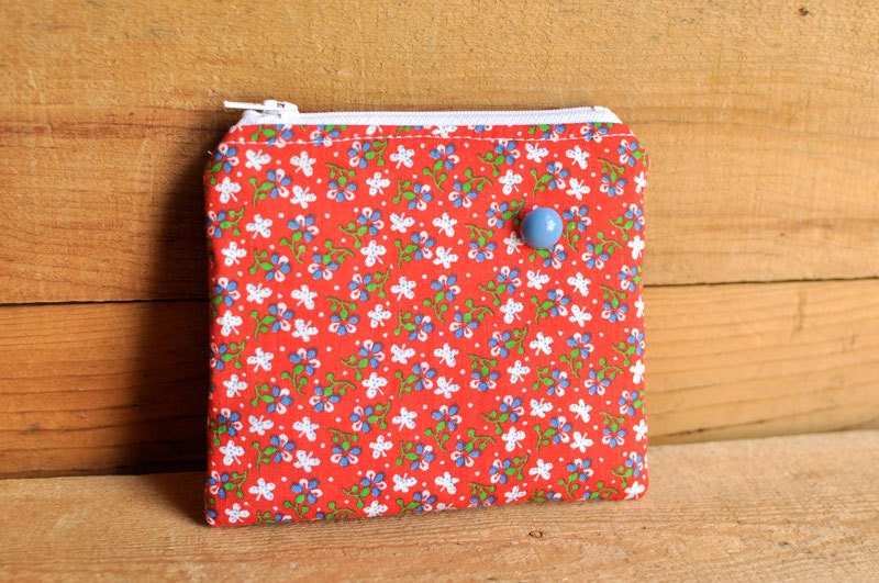 Red Floral Zipper Pouch with Blue Vintage Button