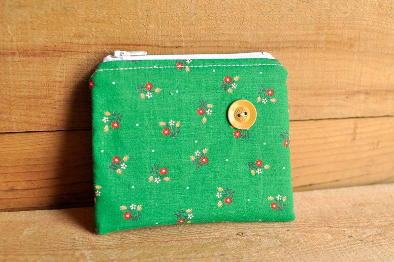 Green Floral Zipper Pouch with Yellow Vintage Button