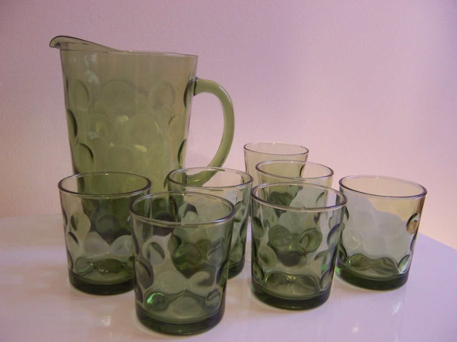 Vintage Green Bubble Glass Pitcher And Six Glasses By Redpopshop 