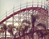 Mission beach roller coaster, big dipper, antique, San Diego, California, summer, teal, green, mint, palm, fine art photograph 5"x5"