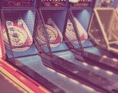 Games, Skee Ball, blue, yellow, red, carnival game, beach board walk, retro, fine art photograph 8"x10"