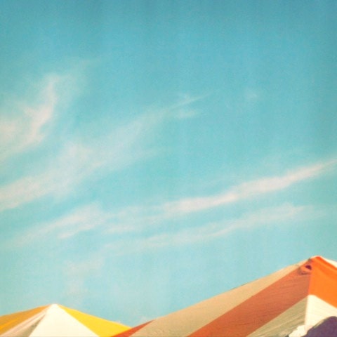 Circus tent, abstract, bright sky blue, orange stripes, yellow stripes, polaroid, retro, home decor, fine art photograph 8"x8"