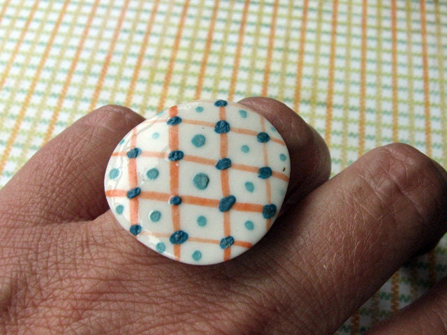 Orange green dots-lines porcelain adjustable ring