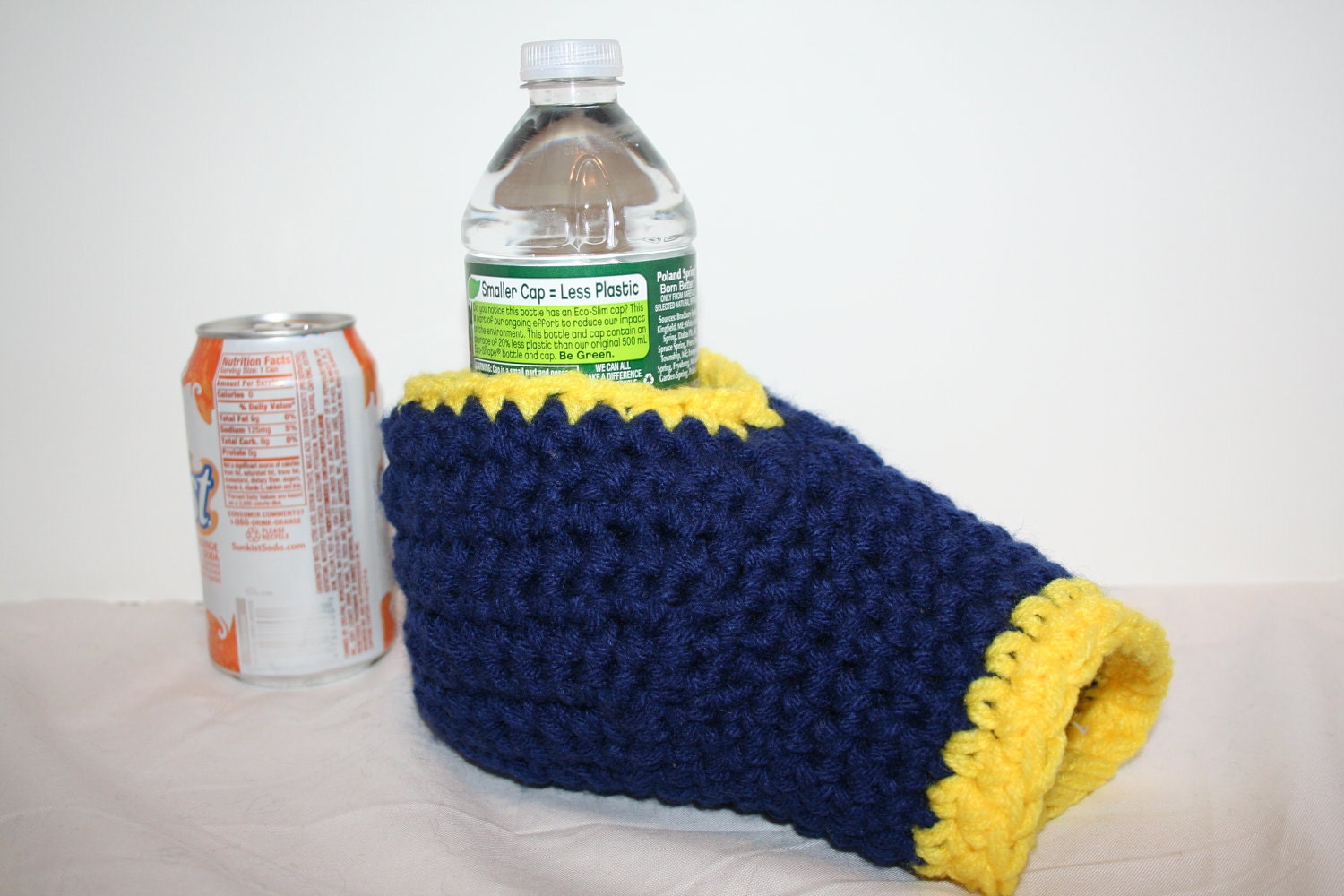 Drink Mitt cozy - navy blue and yellow- The mitten with the drink koozie cozy built right in for can, bottle, cup