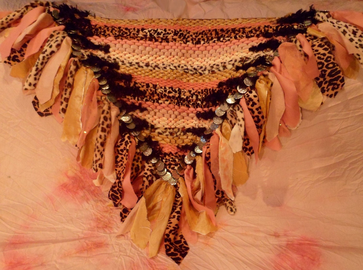 Peach Tiger Lily woven hip scarf, belly dancing, faerie cosplay (size medium)