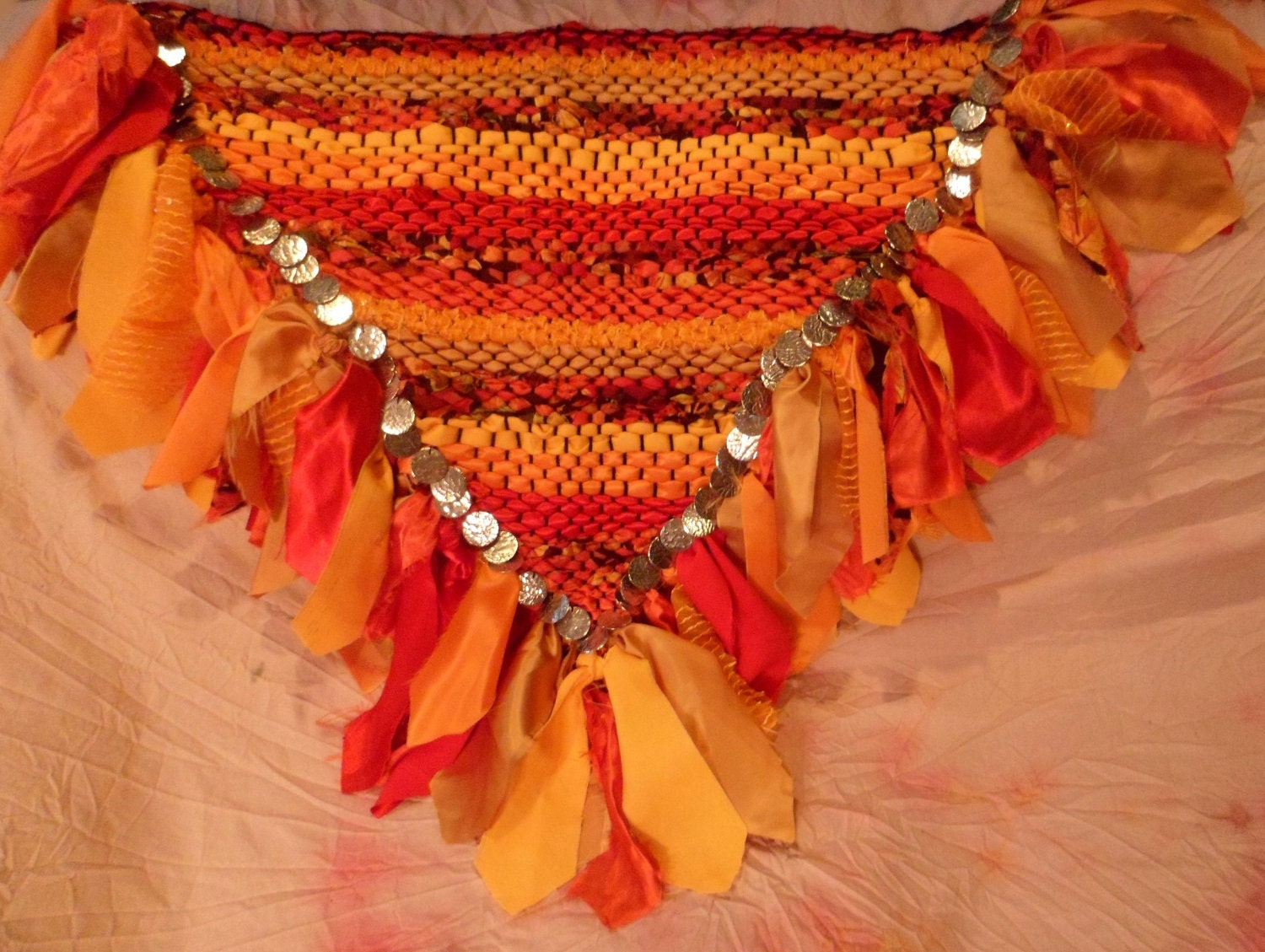 Fiery Fall Foliage woven hip scarf, belly dancing, faerie cosplay (size medium)