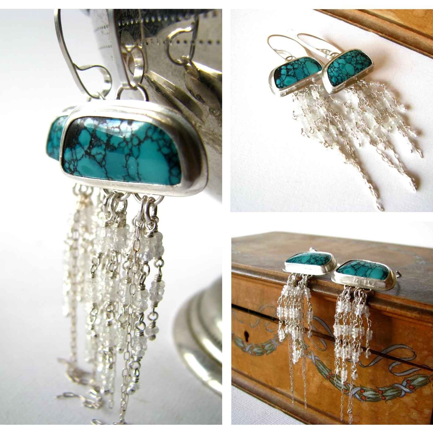 SALE 50% off  - Turquoise sterling silver earrings white sapphires long and dangly - The Jellyfish earrings
