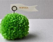 Clover/bright green yarn pom pom place holders - set of 4. Pom poms. Wedding decoration, party decoration.