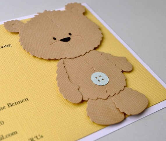 Reserved listing - Brown teddy bear birthday invitation, brown bear baby shower invite. Yellow, brown, blue, black, white.