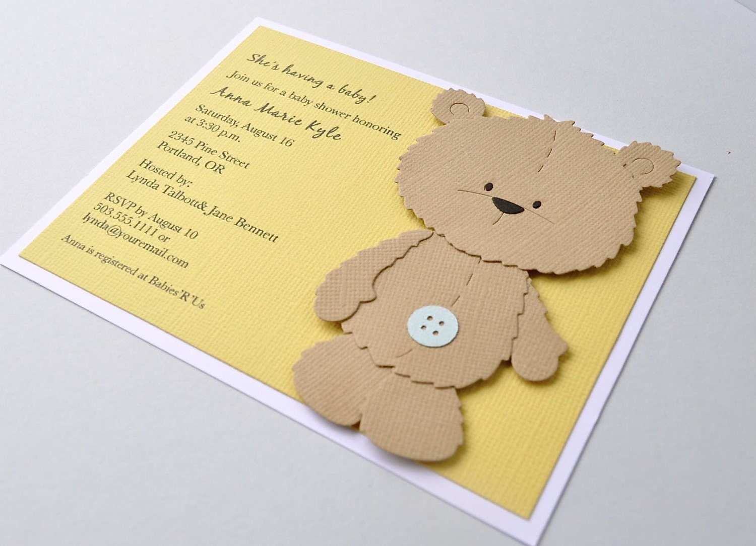 Reserved listing - Brown teddy bear birthday invitation, brown bear baby shower invite. Yellow, brown, blue, black, white.