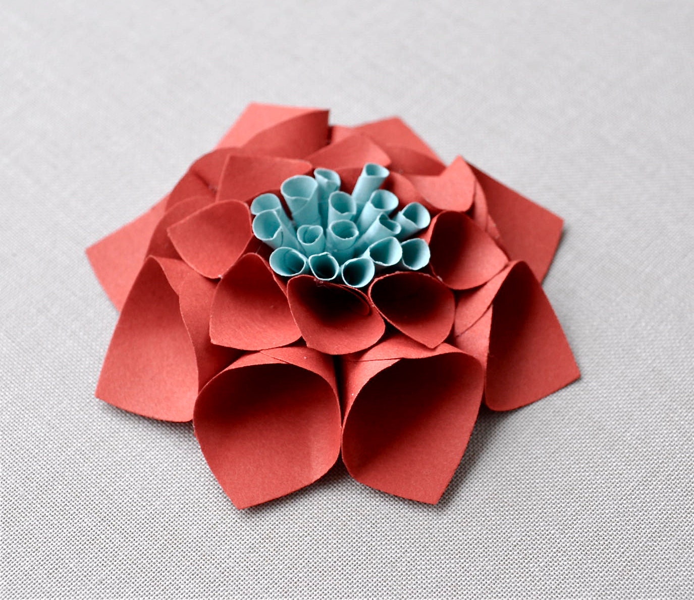 As sold in ANTHROPOLGIE - Paper dahlia gift topper/table decor/place card setting in persimmon, gift topper, holiday favor