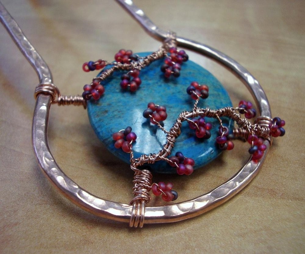 Made to Order Metal Hair Fork - Celestial Moon Blossom, Imperial Turquoise and Cherry Blossoms, copper hair pin, hair stick