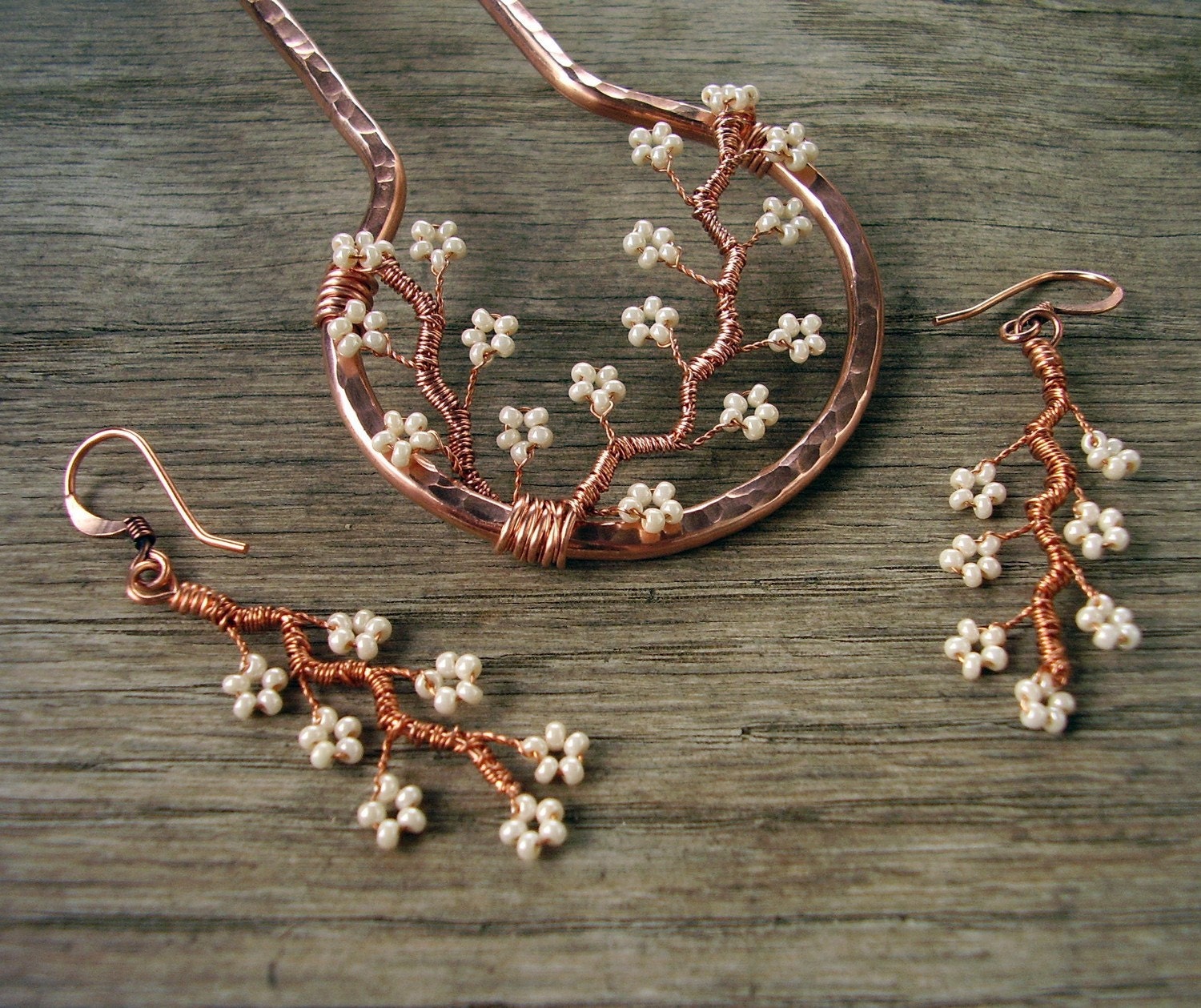 Made to Order GIFT SET - Copper Branches Hair Fork and Copper Blossoms Earrings Cream beading