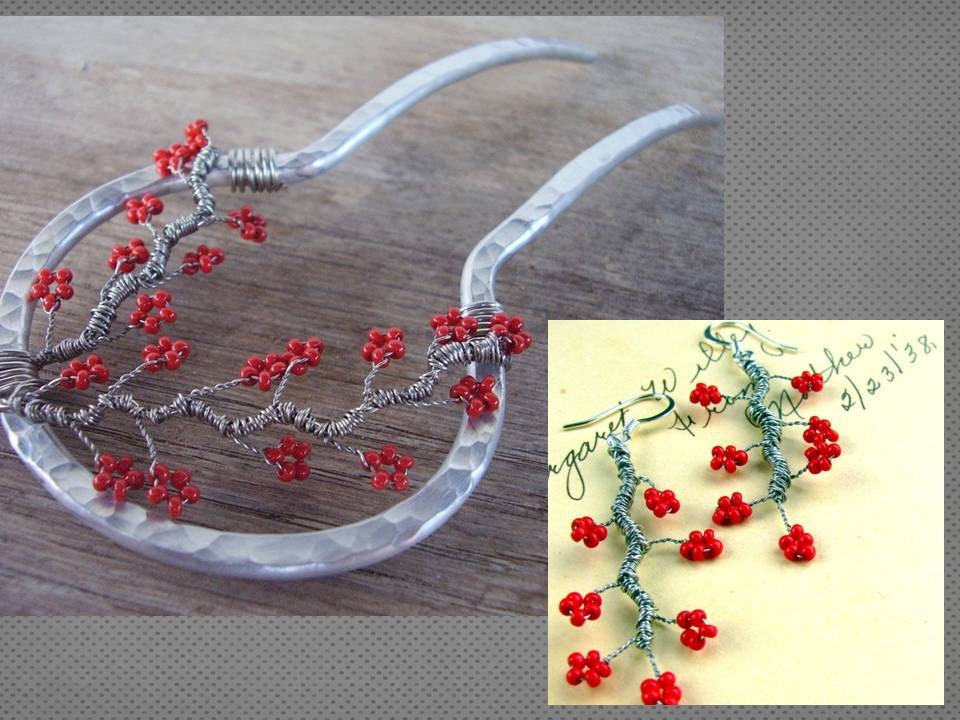 Made to Order Metal Hair Fork and Earrings GIFT SET - Aluminum and Red Branches Hair Fork and Red Blossoms Earrings