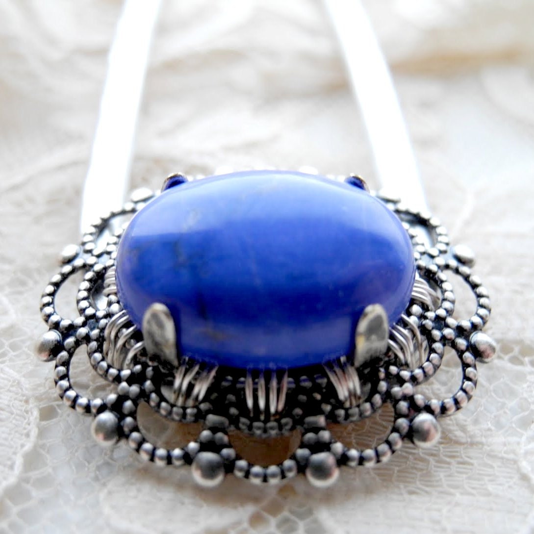 Made to Order Metal Hair Fork - Lapis Blue Howlite Cabachon, silver tone hair pin, hair stick