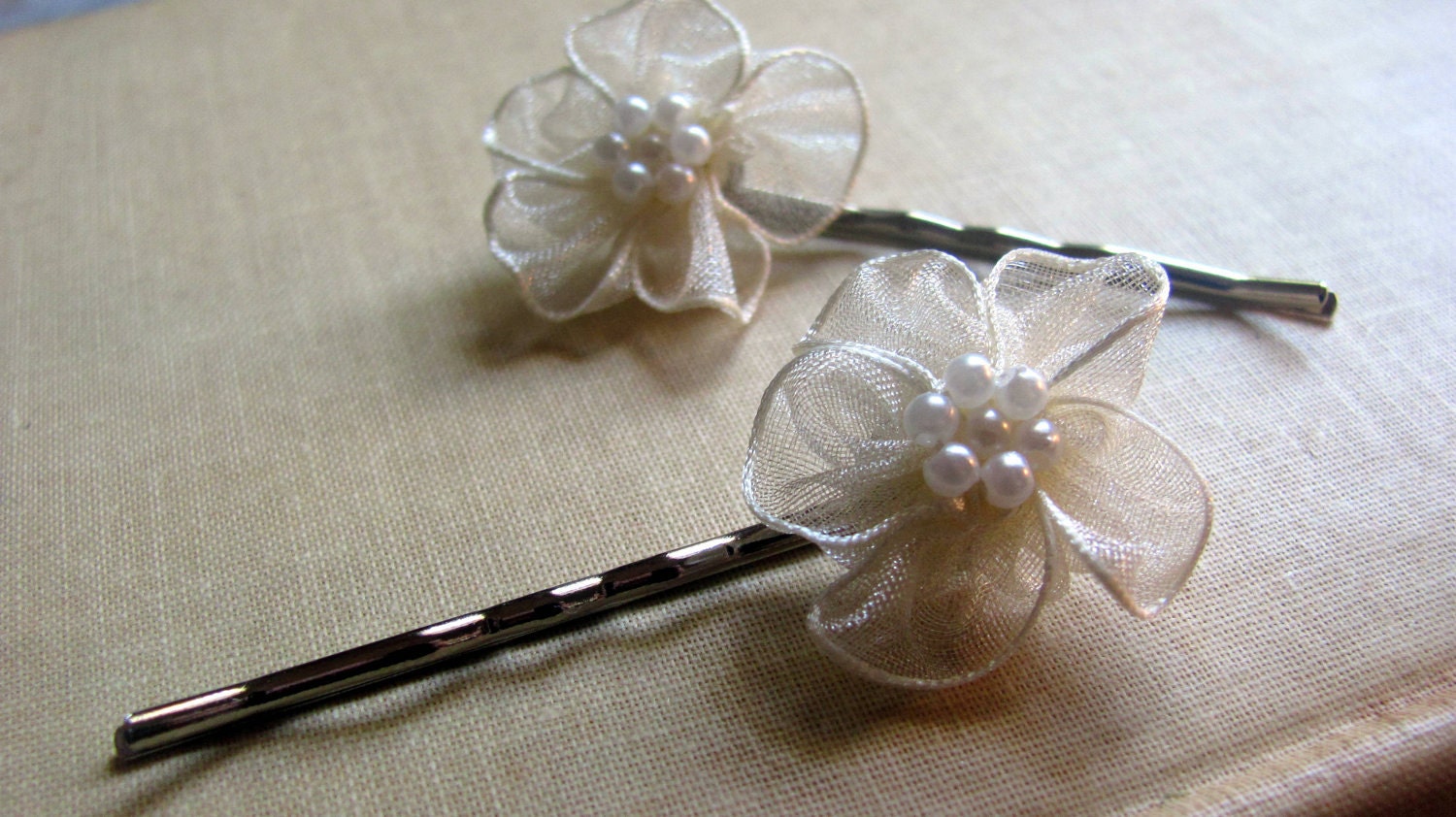 Sheer Ivory Blossom and Pearls Bobby Pins