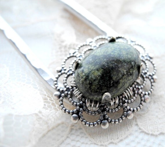 Made to Order Metal Hair Fork - Russian Serpentine Cabochon, silver tone hair pin, hair stick