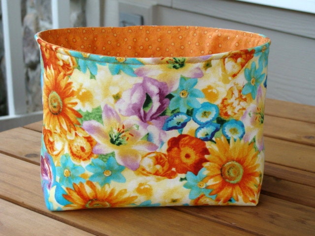 Floral Fabric Basket, Bucket, Container in Orange and Aqua