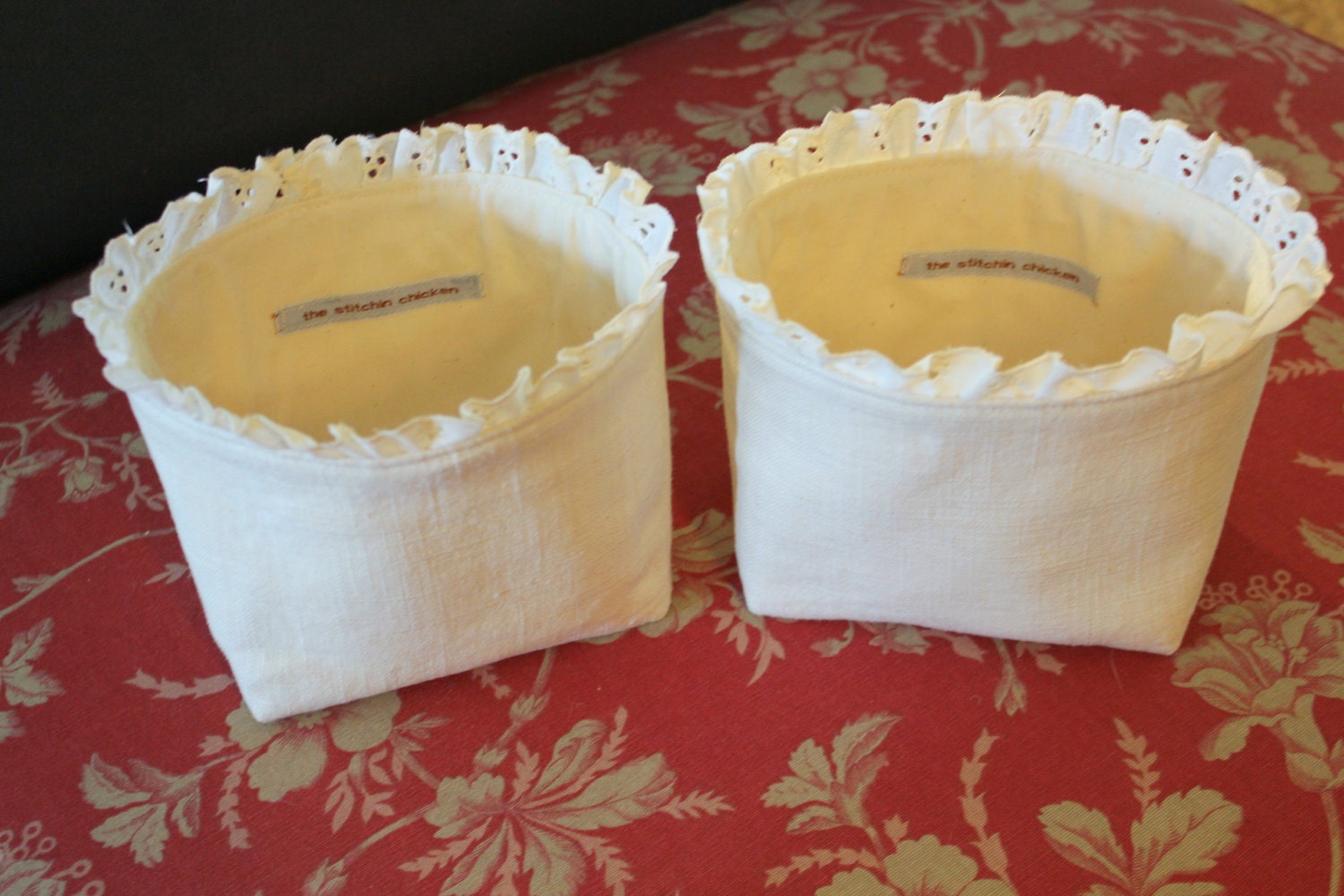 SALE - A Pair of Natual Linen and Eyelet Lace Fabric Baskets